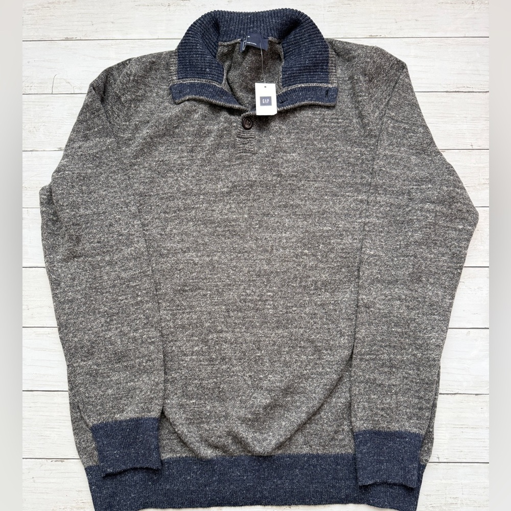 GAP XL Shawl Collar Sweater NWT Gray Navy Trim Button Pullover